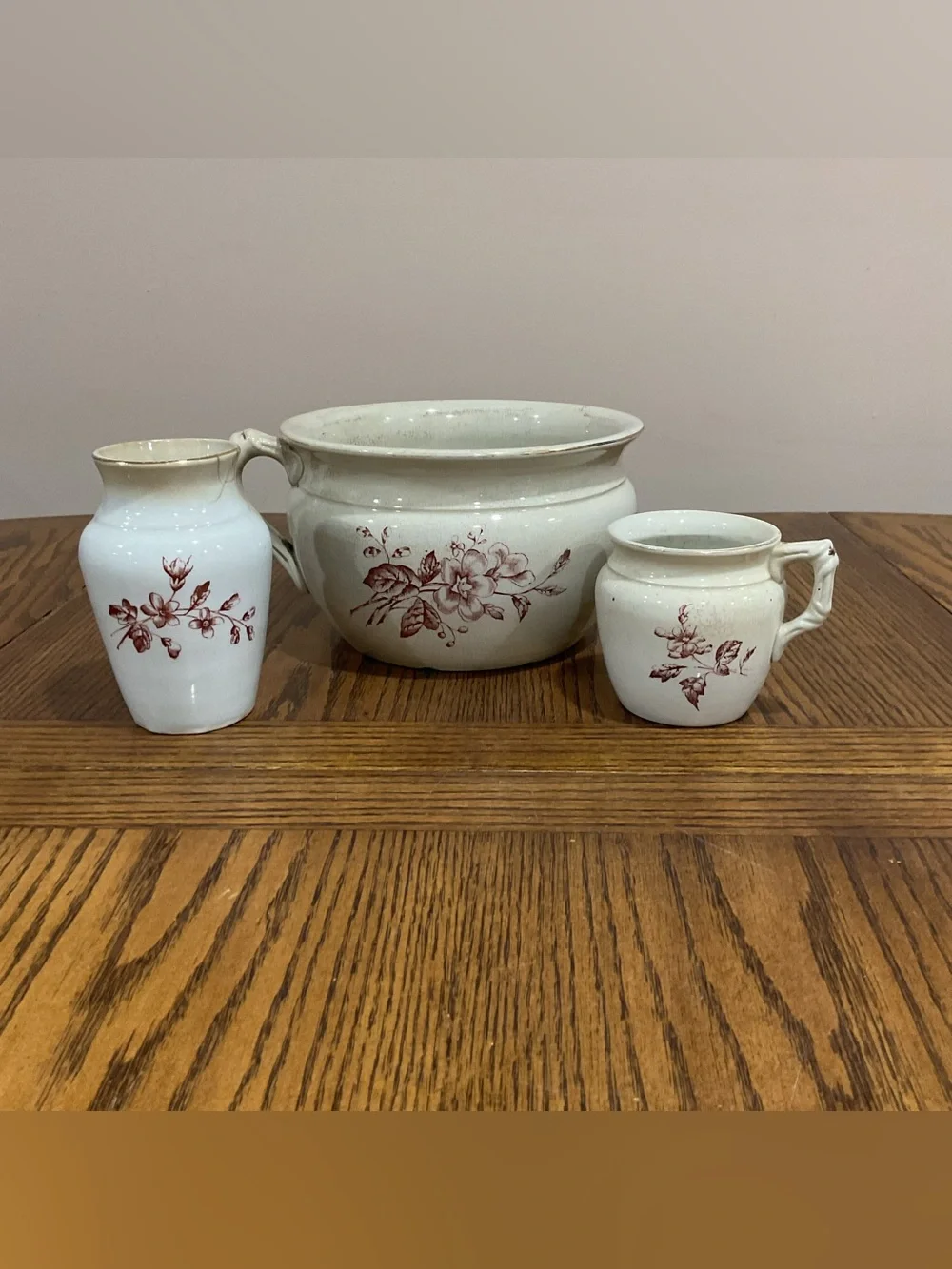 Vintage Antique Ivory Ceramic Floral Chamber Pot and Pitcher Set late 1800s